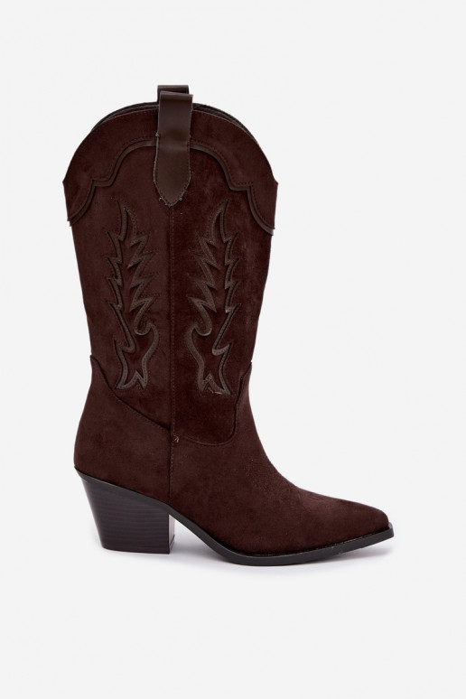 Schokoladenfarbene Kunstveloursleder Stiefel im Cowboy-Stil mit Absätzen Jarissa