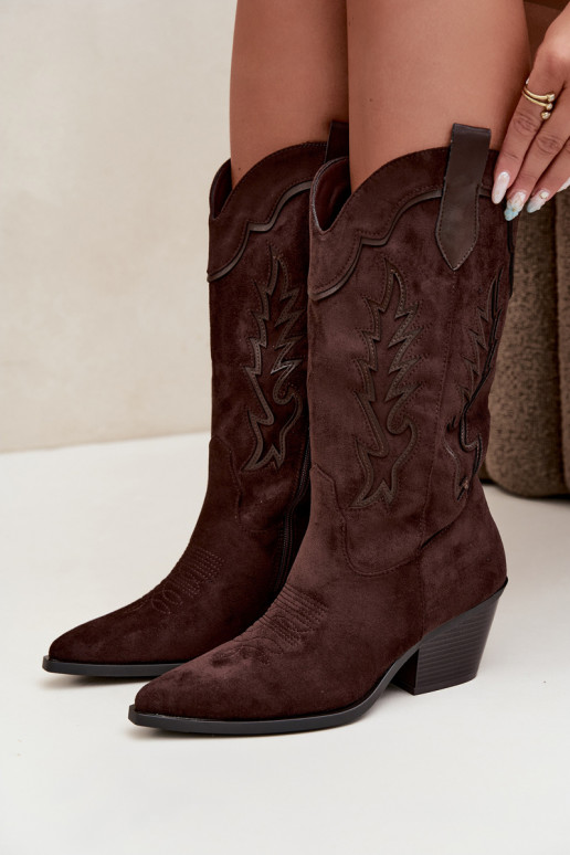 Schokoladenfarbene Kunstveloursleder Stiefel im Cowboy-Stil mit Absätzen Jarissa