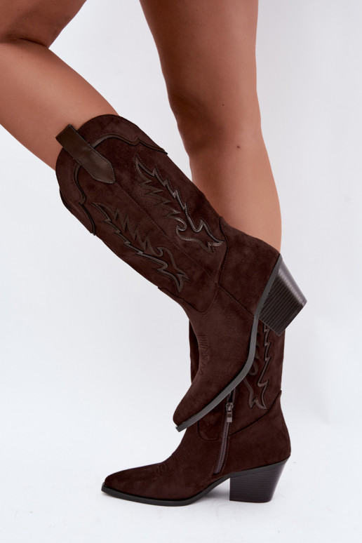 Schokoladenfarbene Kunstveloursleder Stiefel im Cowboy-Stil mit Absätzen Jarissa