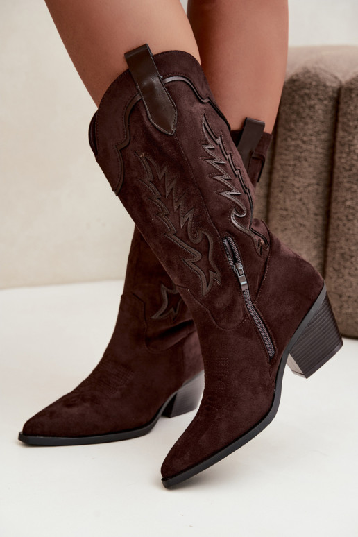 Schokoladenfarbene Kunstveloursleder Stiefel im Cowboy-Stil mit Absätzen Jarissa
