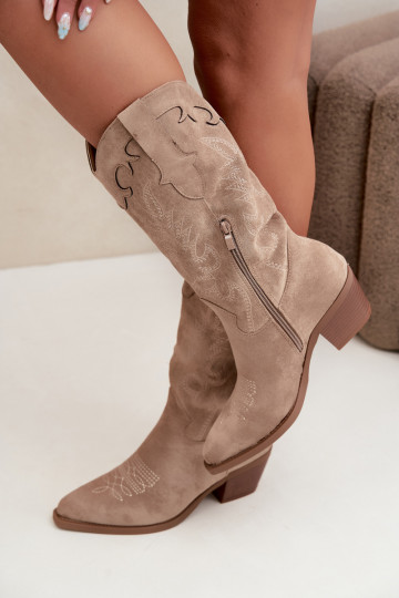 Sandfarbene Kunstveloursleder Stiefel im Cowboy-Stil mit Absätzen Jarissa
