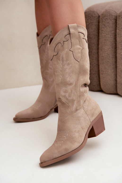 Sandfarbene Kunstveloursleder Stiefel im Cowboy-Stil mit Absätzen Jarissa
