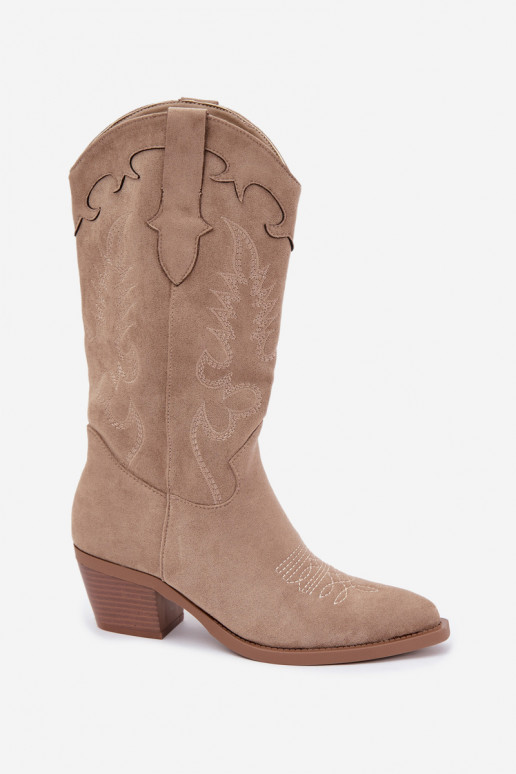 Sandfarbene Kunstveloursleder Stiefel im Cowboy-Stil mit Absätzen Jarissa