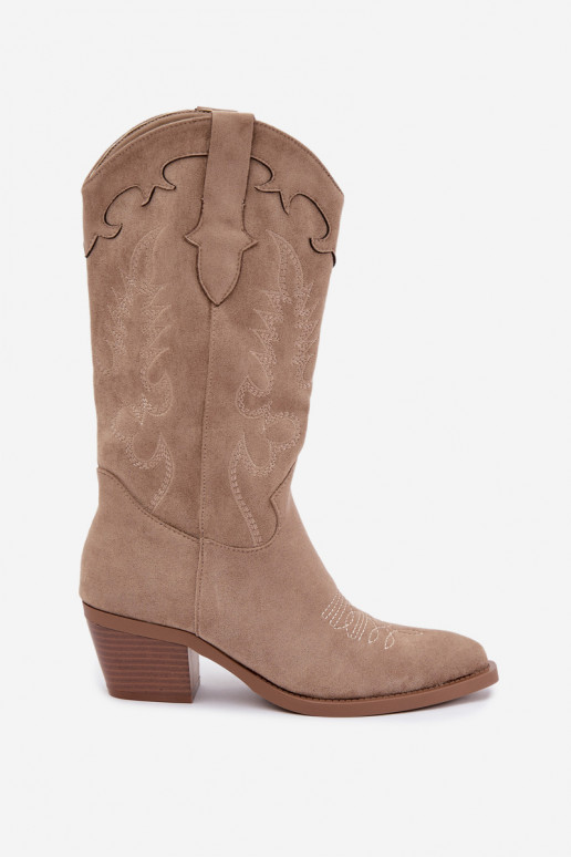 Sandfarbene Kunstveloursleder Stiefel im Cowboy-Stil mit Absätzen Jarissa