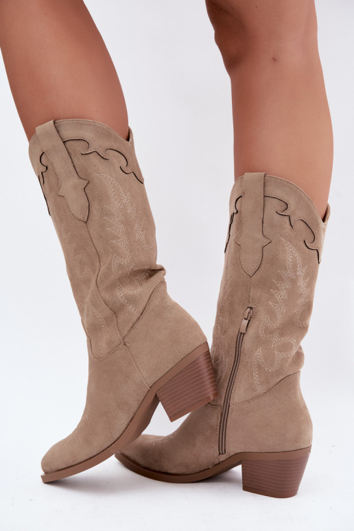 Sandfarbene Kunstveloursleder Stiefel im Cowboy-Stil mit Absätzen Jarissa