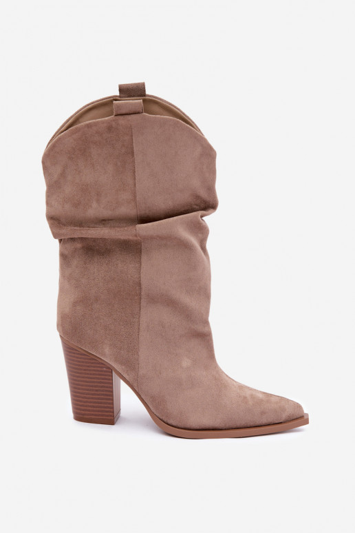 Sandfarbene Veloursleder Stiefeletten mit Rüschen am Absatz Inela