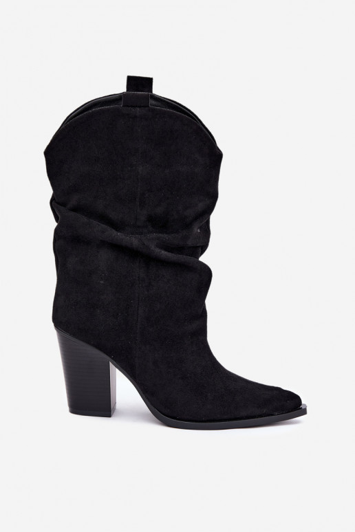 Schwarze Veloursleder Stiefeletten mit Rüschen am Absatz Inela