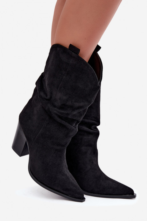 Schwarze Veloursleder Stiefeletten mit Rüschen am Absatz Inela