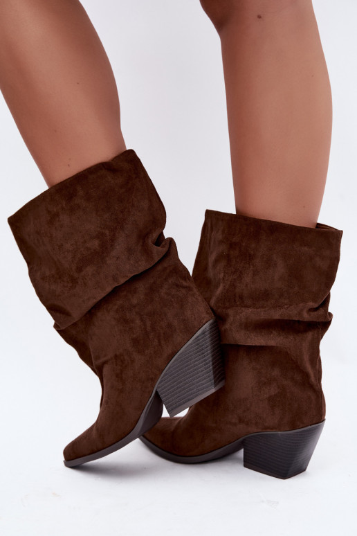 Braune zerknitterte Slipper Stiefeletten auf Blockabsatz Cazela