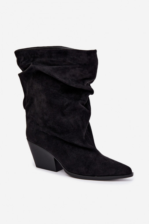 Schwarze zerknitterte Slipper Stiefeletten auf Blockabsatz Cazela