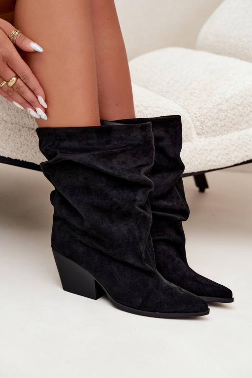 Schwarze zerknitterte Slipper Stiefeletten auf Blockabsatz Cazela
