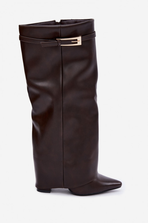 Schokoladenfarbene hohe Stiefel mit Absätzen und Schnallen Amrie