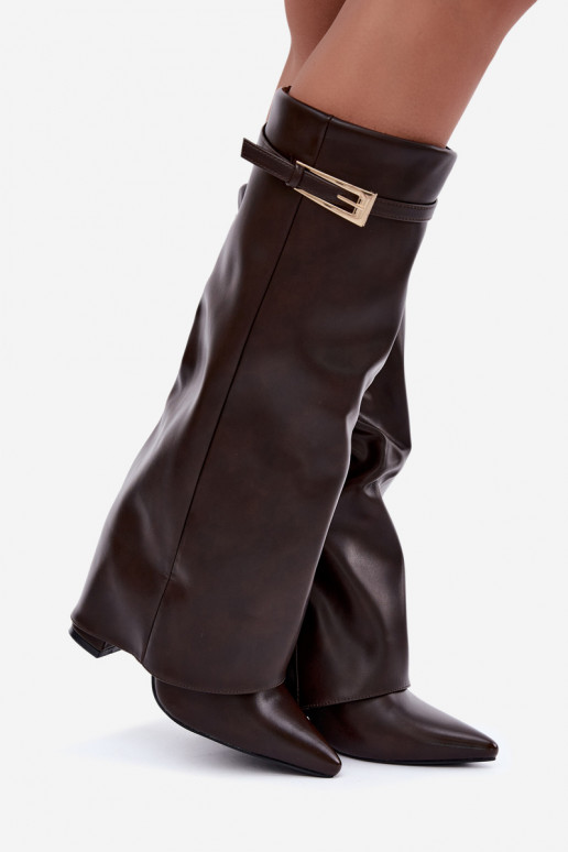Schokoladenfarbene hohe Stiefel mit Absätzen und Schnallen Amrie