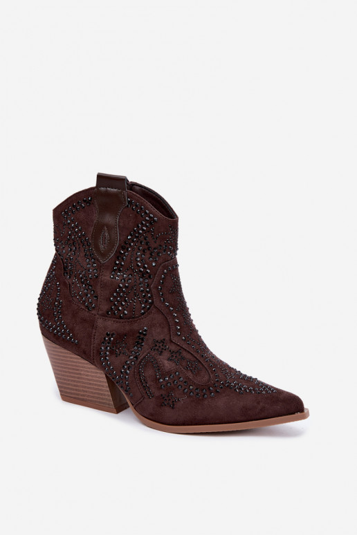 Cowboy-Stil Stiefeletten in Schwarz mit Verzierungen in Schokoladenfarbe Selden