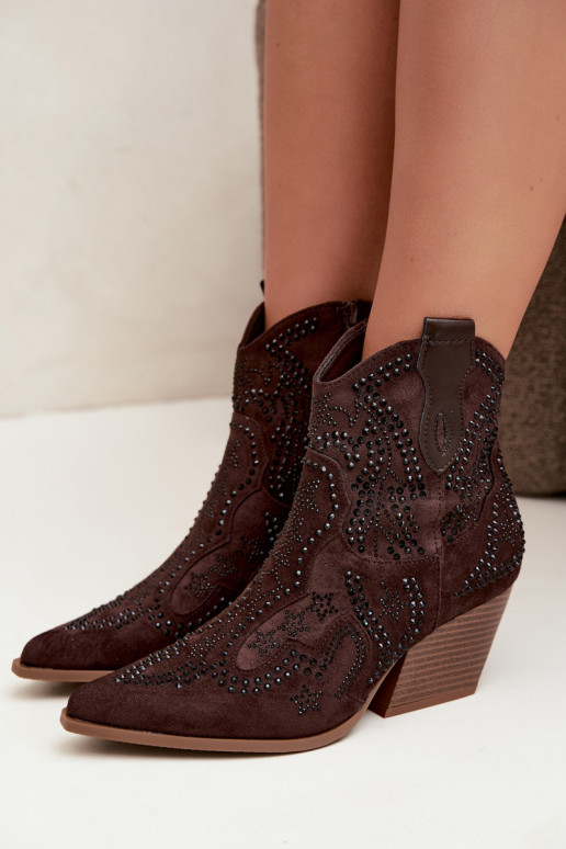 Cowboy-Stil Stiefeletten in Schwarz mit Verzierungen in Schokoladenfarbe Selden