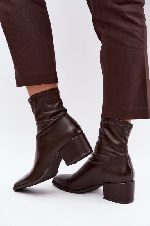 Damen Stiefeletten mit Absatz Typ Klocek aus Kunstleder in Schokoladenfarbe Rosley
