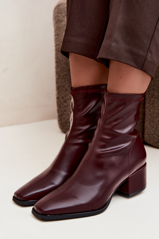 Damen Stiefeletten mit Absatz Typ Klocek aus Kunstleder in Bordeauxfarbe Rosley