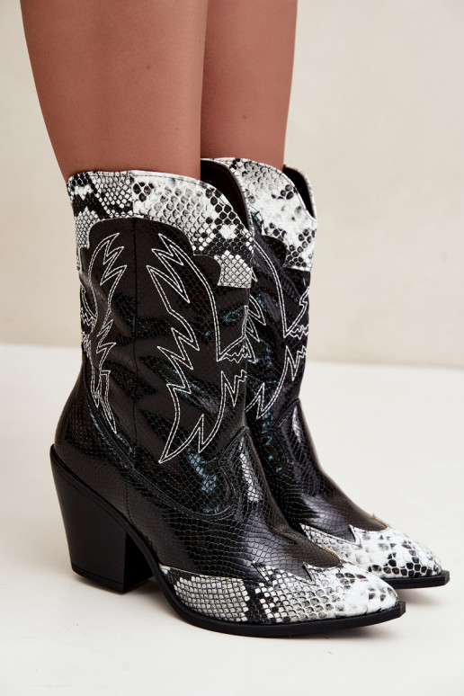 gefütterte Cowboy-Stiefeletten mit Prägung in Schwarz und Weiß Ambery