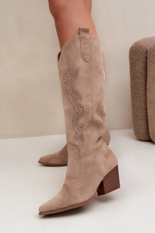 lange Cowboy-Stiefel mit Dekoration am Schaft in Sandfarbe Greyla