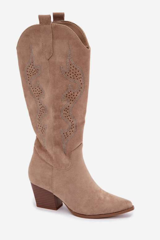 lange Cowboy-Stiefel mit Dekoration am Schaft in Sandfarbe Greyla