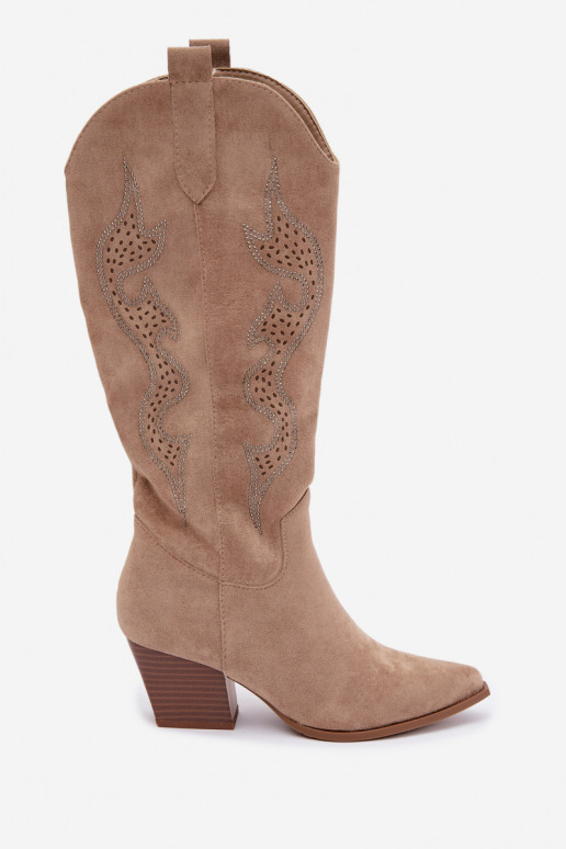 lange Cowboy-Stiefel mit Dekoration am Schaft in Sandfarbe Greyla