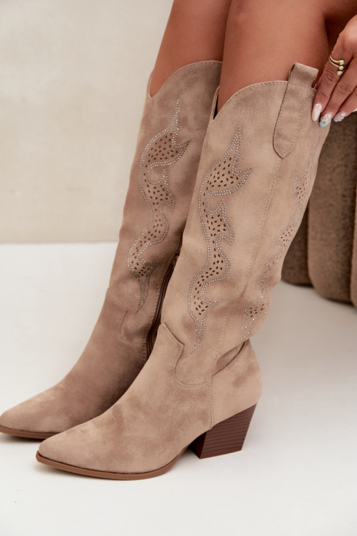 lange Cowboy-Stiefel mit Dekoration am Schaft in Sandfarbe Greyla