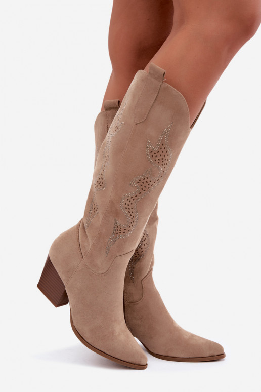 lange Cowboy-Stiefel mit Dekoration am Schaft in Sandfarbe Greyla