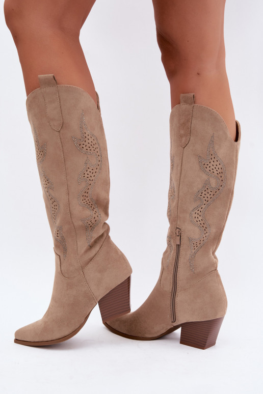lange Cowboy-Stiefel mit Dekoration am Schaft in Sandfarbe Greyla