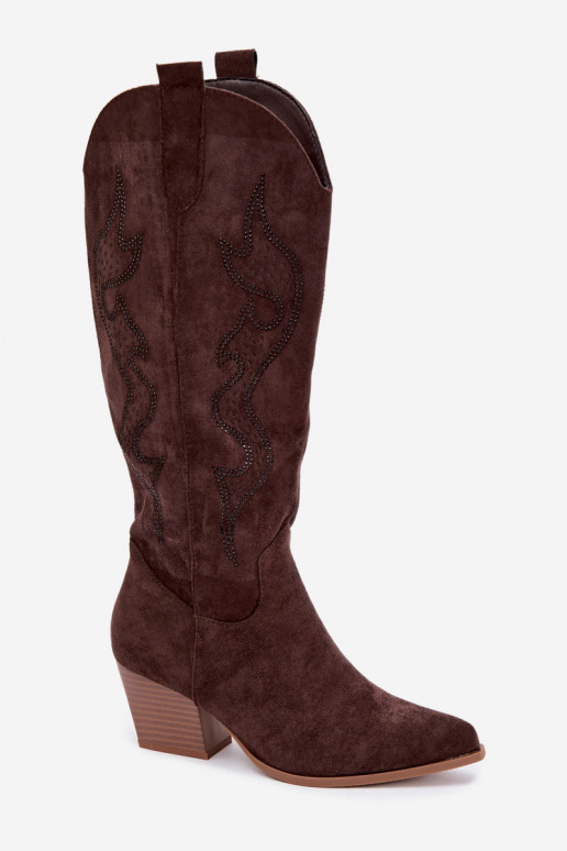lange Cowboy-Stiefel mit Dekoration am Schaft in Schokoladenfarbe Greyla
