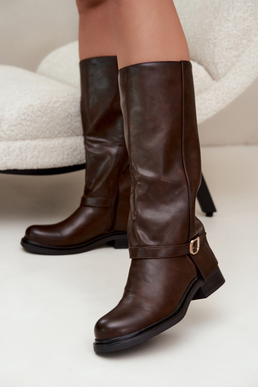 warme Damen lange Stiefel mit Schnallen in Schokoladenfarbe Elland