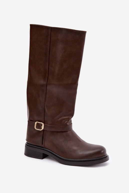 warme Damen lange Stiefel mit Schnallen in Schokoladenfarbe Elland