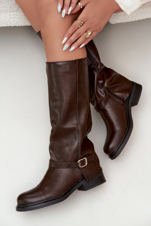 warme Damen lange Stiefel mit Schnallen in Schokoladenfarbe Elland