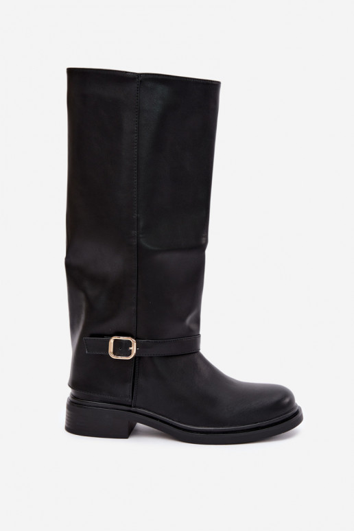 damen gefütterte kniehohe Stiefel mit Schnallen in Schwarz Elland