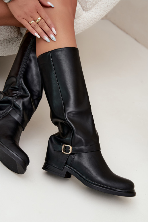 damen gefütterte kniehohe Stiefel mit Schnallen in Schwarz Elland