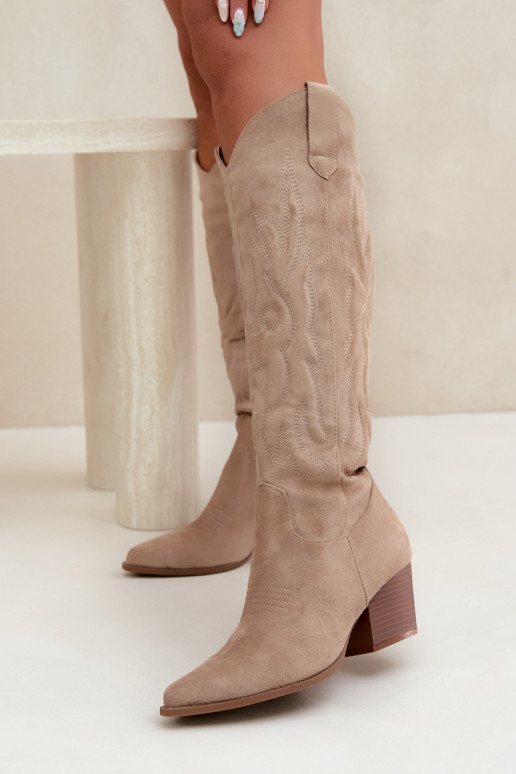 damen kniehohe Stiefel im Cowboy-Stil mit Absatz in Sandfarbe Glenor