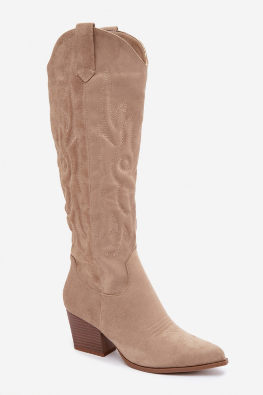 damen kniehohe Stiefel im Cowboy-Stil mit Absatz in Sandfarbe Glenor