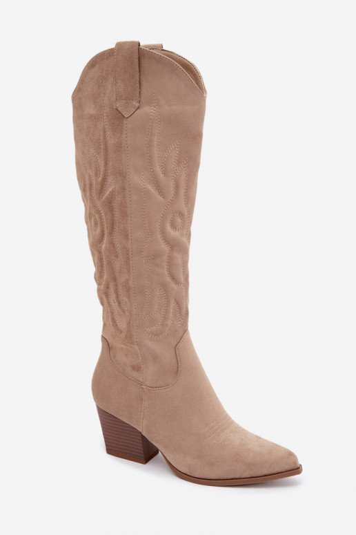 damen kniehohe Stiefel im Cowboy-Stil mit Absatz in Sandfarbe Glenor