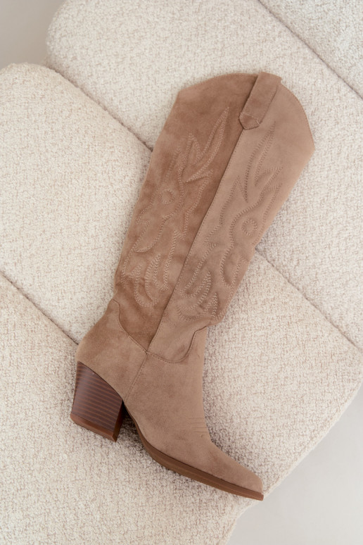 damen kniehohe Stiefel im Cowboy-Stil mit Absatz in Sandfarbe Glenor