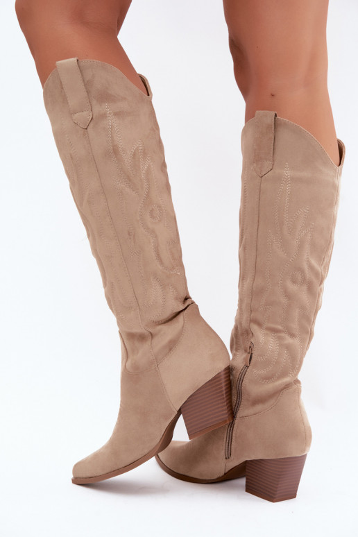 damen kniehohe Stiefel im Cowboy-Stil mit Absatz in Sandfarbe Glenor