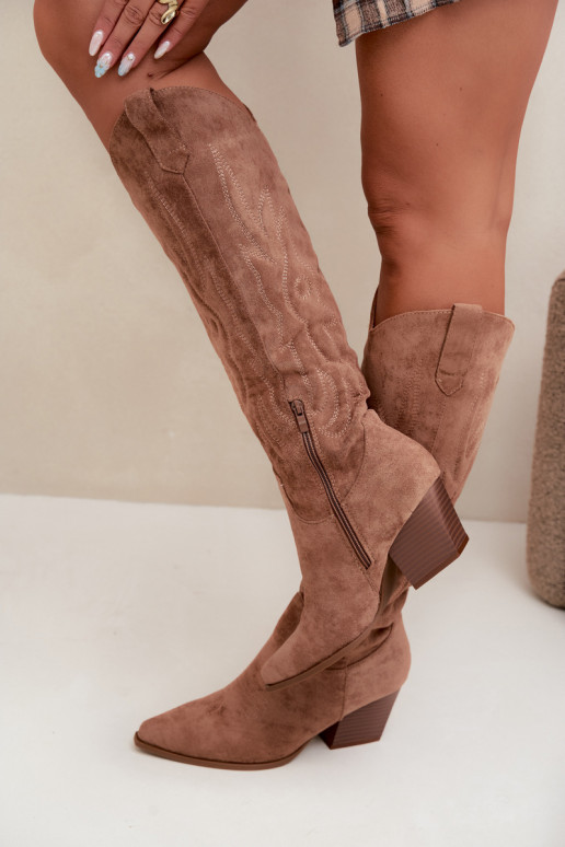 damen kniehohe Stiefel im Cowboy-Stil mit Absatz in Braun Glenor
