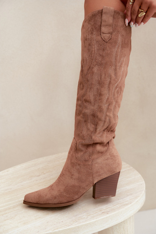 damen kniehohe Stiefel im Cowboy-Stil mit Absatz in Braun Glenor