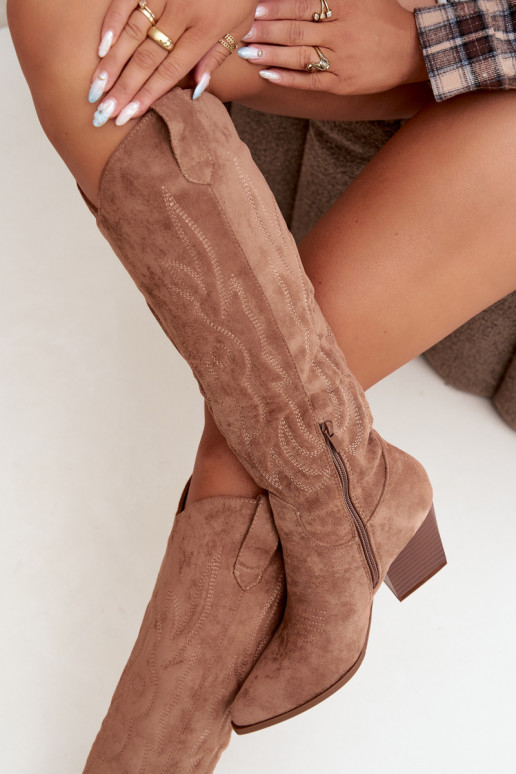 damen kniehohe Stiefel im Cowboy-Stil mit Absatz in Braun Glenor