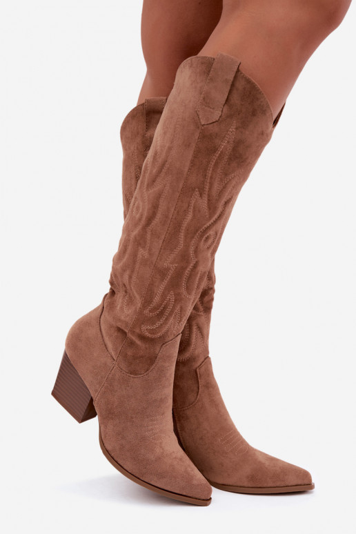 damen kniehohe Stiefel im Cowboy-Stil mit Absatz in Braun Glenor