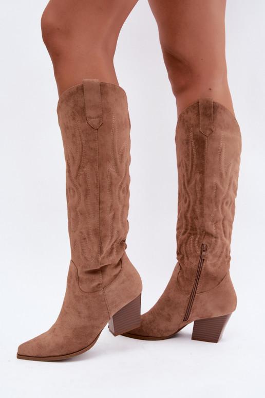 damen kniehohe Stiefel im Cowboy-Stil mit Absatz in Braun Glenor