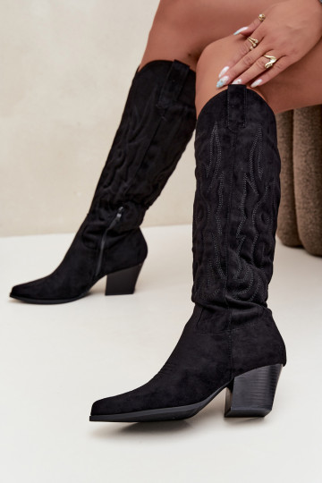 damen kniehohe Stiefel im Cowboy-Stil mit Absatz in Schwarz Glenor