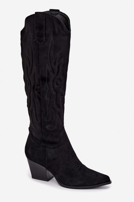 damen kniehohe Stiefel im Cowboy-Stil mit Absatz in Schwarz Glenor