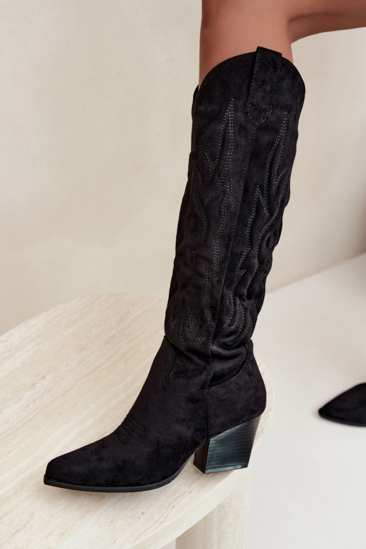 damen kniehohe Stiefel im Cowboy-Stil mit Absatz in Schwarz Glenor