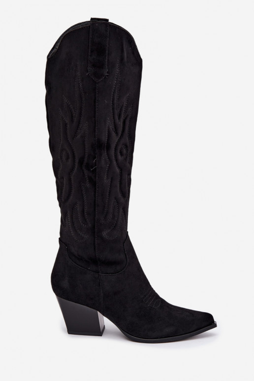 damen kniehohe Stiefel im Cowboy-Stil mit Absatz in Schwarz Glenor