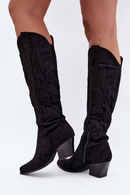 damen kniehohe Stiefel im Cowboy-Stil mit Absatz in Schwarz Glenor