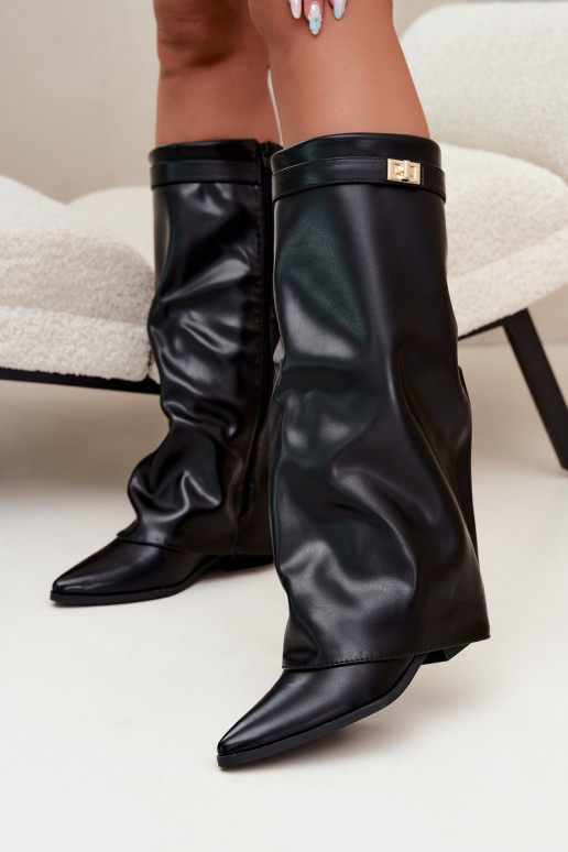damen kniehohe Stiefel mit genähtem Schaft auf niedrigem Absatz aus Kunstleder in Schwarz Gisellea